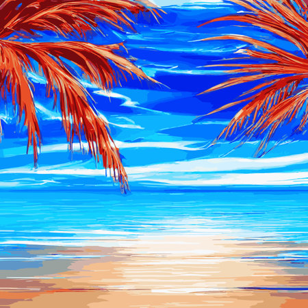 Palm tree on tropical beach with blue sky and white clouds abstract background.のイラスト素材