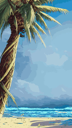 Palm tree on tropical beach with blue sky and white clouds abstract background.のイラスト素材