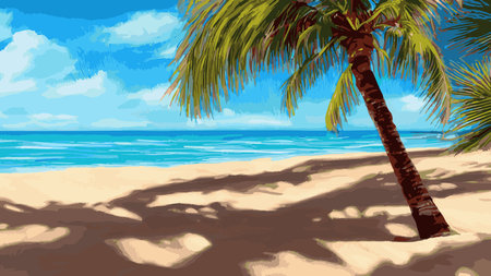 Palm tree on tropical beach with blue sky and white clouds abstract background.のイラスト素材