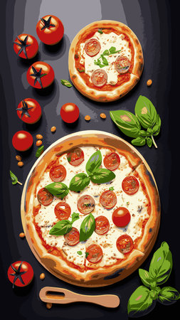 Fresh pizza with tomatoes, cheese, olives, sausage, onion, basil. Traditional Italian fast food. Food with a view from above. European appetiser. EPS10 vector illustration.のイラスト素材