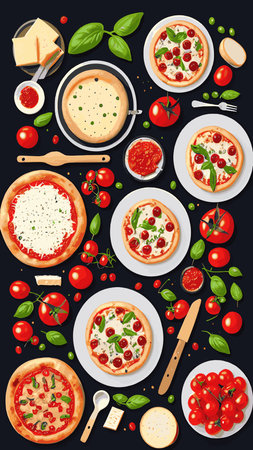 Fresh pizza with tomatoes, cheese, olives, sausage, onion, basil. Traditional Italian fast food. Food with a view from above. European appetiser. EPS10 vector illustration.のイラスト素材