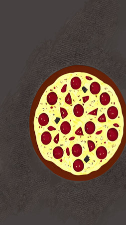 Fresh pizza with tomatoes, cheese, olives, sausage, onion, basil. Traditional Italian fast food. Food with a view from above. European appetiser. EPS10 vector illustration.のイラスト素材