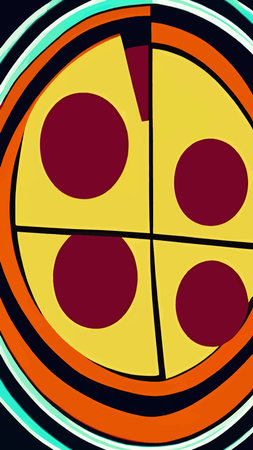 Fresh pizza with tomatoes, cheese, olives, sausage, onion, basil. Traditional Italian fast food. Food with a view from above. European appetiser. vector illustration.のイラスト素材