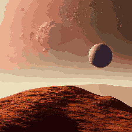 space and planet background. Planets surface with craters, stars and comets in dark space. vector illustration. Cosmic sky with a planet and satelliteのイラスト素材