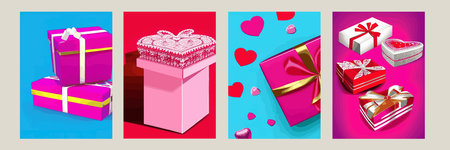 Design for Valentine's Day. Realistic gift boxes. Open a gift box full of decorative holiday item. Holiday banner, web poster, flyer, stylish brochure, greeting card, cover. Romantic backgroundのイラスト素材