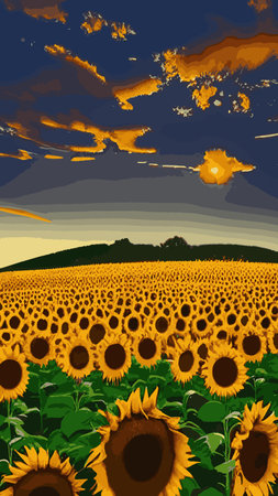 Landscape Of Sunflower fields And blue Sky clouds Background.Sunflower fields landscapes on a bright sunny day with patterns formed in natural background.のイラスト素材