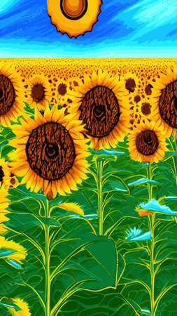 Landscape Of Sunflower fields And blue Sky clouds Background.Sunflower fields landscapes on a bright sunny day with patterns formed in natural background.のイラスト素材