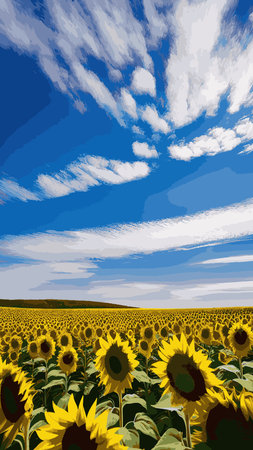 Landscape Of Sunflower fields And blue Sky clouds Background.Sunflower fields landscapes on a bright sunny day with patterns formed in natural background.のイラスト素材
