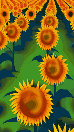 Landscape Of Sunflower fields And blue Sky clouds Background.Sunflower fields landscapes on a bright sunny day with patterns formed in natural background.のイラスト素材