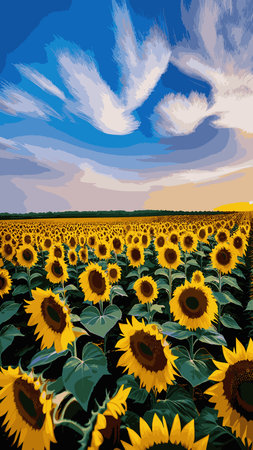 Landscape Of Sunflower fields And blue Sky clouds Background.Sunflower fields landscapes on a bright sunny day with patterns formed in natural background.のイラスト素材