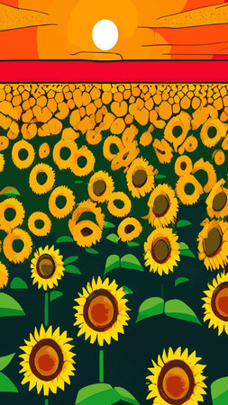 Landscape Of Sunflower fields And blue Sky clouds Background.Sunflower fields landscapes on a bright sunny day with patterns formed in natural background.のイラスト素材