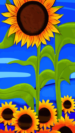 Landscape Of Sunflower fields And blue Sky clouds Background.Sunflower fields landscapes on a bright sunny day with patterns formed in natural background.のイラスト素材