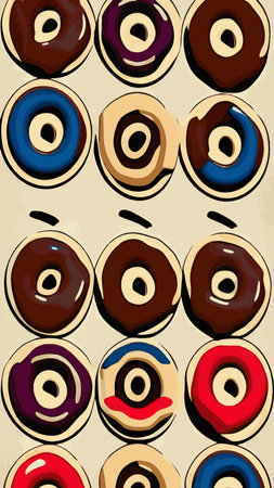 Seamless pattern of donuts with colored icing. Trendy beautiful donuts background.のイラスト素材