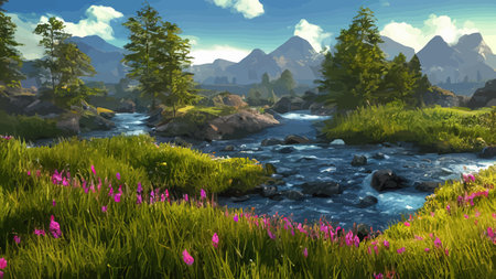 Vector illustration of summer landscape with mountains and river. Beautiful mountains view in cartoon flat style, good background for your banner design.のイラスト素材