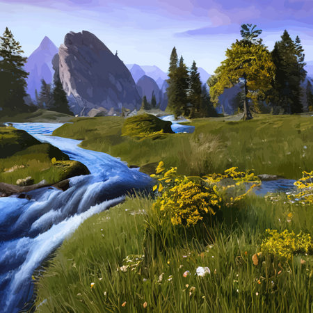 Vector illustration of summer landscape with mountains and river. Beautiful mountains view in cartoon flat style, good background for your banner design.のイラスト素材