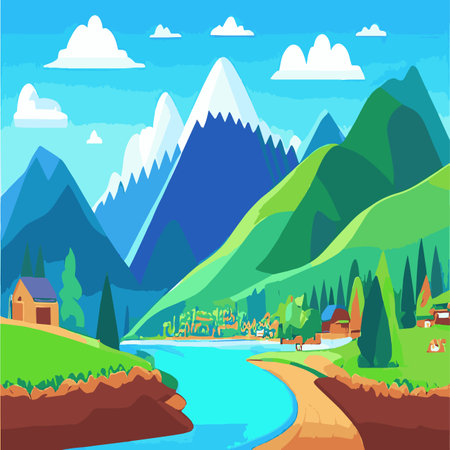 Vector illustration of summer landscape with mountains and river. Beautiful mountains view in cartoon flat style, good background for your banner design.のイラスト素材