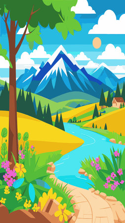 Vector illustration of summer landscape with mountains and river. Beautiful mountains view in cartoon flat style, good background for your banner design.のイラスト素材