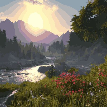 Vector illustration of summer landscape with mountains and river. Beautiful mountains view in cartoon flat style, good background for your banner design.のイラスト素材
