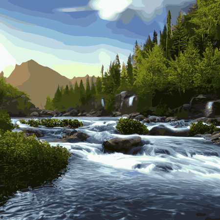 Vector illustration of summer landscape with mountains and river. Beautiful mountains view in cartoon flat style, good background for your banner design.のイラスト素材
