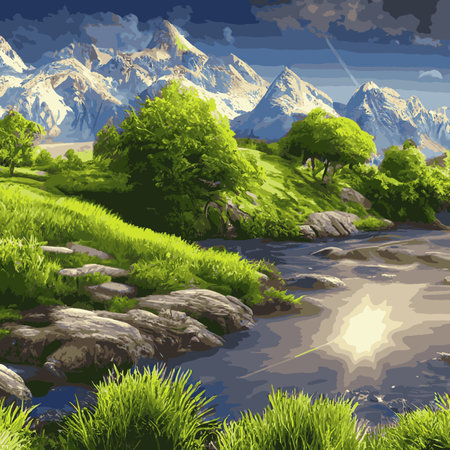 Vector illustration of summer landscape with mountains and river. Beautiful mountains view in cartoon flat style, good background for your banner design.のイラスト素材
