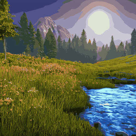 Vector illustration of summer landscape with mountains and river. Beautiful mountains view in cartoon flat style, good background for your banner design.のイラスト素材