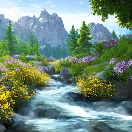 Vector illustration of summer landscape with mountains and river. Beautiful mountains view in cartoon flat style, good background for your banner design.のイラスト素材