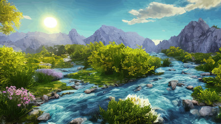 Vector illustration of summer landscape with mountains and river. Beautiful mountains view in cartoon flat style, good background for your banner design.のイラスト素材