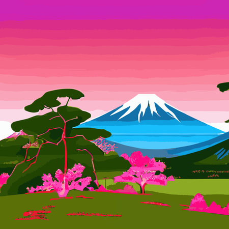 Bright morning landscape with pink sky. Branches of blooming white cherry trees on the background of Mount Fuji. Traditional Japanese festival Hanami Cherry blossom in early spring. flat illustrationのイラスト素材