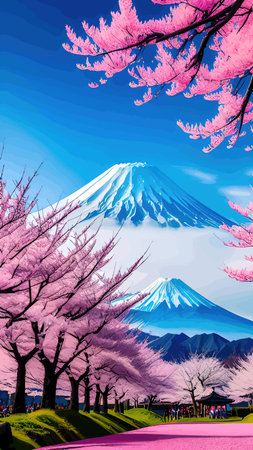 Bright morning landscape with pink sky. Branches of blooming white cherry trees on the background of Mount Fuji. Traditional Japanese festival Hanami Cherry blossom in early spring. flat illustrationの写真素材
