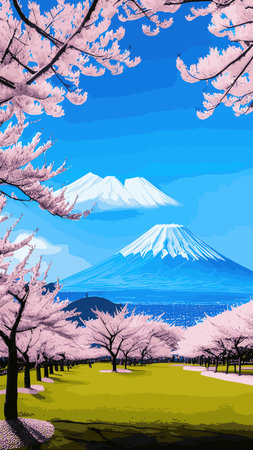 Bright morning landscape with pink sky. Branches of blooming white cherry trees on the background of Mount Fuji. Traditional Japanese festival Hanami Cherry blossom in early spring. flat illustrationのイラスト素材