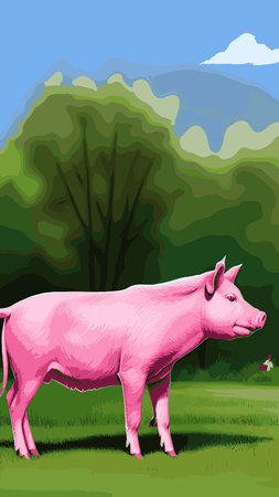 Pink pig, domestic farm animal. Piggy or swine, artiodactyl mammal vector illustration. Farming, agriculture and livestock breeding. Domesticated animal, farm pig for meat and fat productionのイラスト素材
