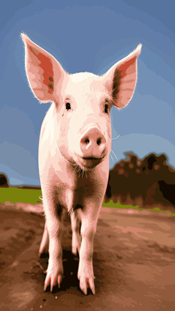 Pink pig, domestic farm animal. Piggy or swine, artiodactyl mammal vector illustration. Farming, agriculture and livestock breeding. Domesticated animal, farm pig for meat and fat productionのイラスト素材