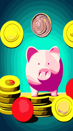 Pink piggy bank with falling coins. The concept of saving money or opening a bank deposit. Investing in the future. Isolated vector illustration of a piggy bank in a flat style.のイラスト素材