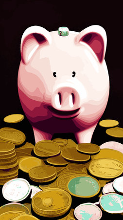 Pink piggy bank with falling coins. The concept of saving money or opening a bank deposit. Investing in the future. Isolated vector illustration of a piggy bank in a flat style.のイラスト素材