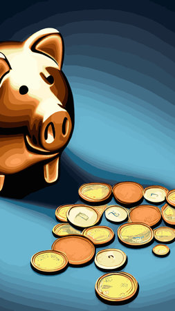 Pink piggy bank with falling coins. The concept of saving money or opening a bank deposit. Investing in the future. Isolated vector illustration of a piggy bank in a flat style.のイラスト素材