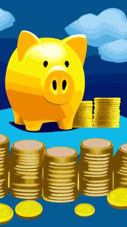 Pink piggy bank with falling coins. The concept of saving money or opening a bank deposit. Investing in the future. Isolated vector illustration of a piggy bank in a flat style.のイラスト素材