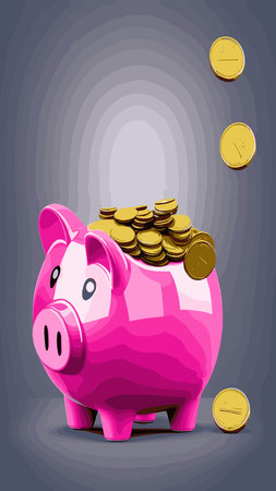 Pink piggy bank with falling coins. The concept of saving money or opening a bank deposit. Investing in the future. Isolated vector illustration of a piggy bank in a flat style.のイラスト素材