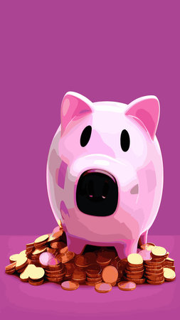 Pink piggy bank with falling coins. The concept of saving money or opening a bank deposit. Investing in the future. Isolated vector illustration of a piggy bank in a flat style.のイラスト素材