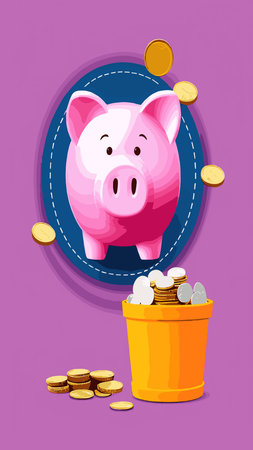 Pink piggy bank with falling coins. The concept of saving money or opening a bank deposit. Investing in the future. Isolated vector illustration of a piggy bank in a flat style.のイラスト素材