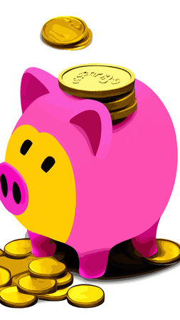 Pink piggy bank with falling coins. The concept of saving money or opening a bank deposit. Investing in the future. Isolated vector illustration of a piggy bank in a flat style.のイラスト素材