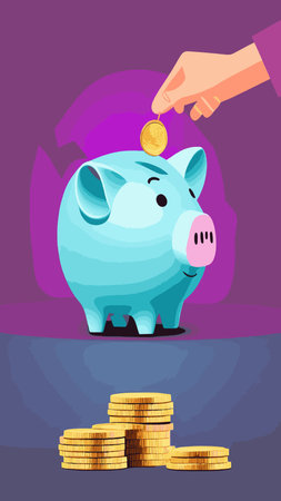 Pink piggy bank with falling coins. The concept of saving money or opening a bank deposit. Investing in the future. Isolated vector illustration of a piggy bank in a flat style.のイラスト素材