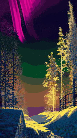 Night sky, Aurora Borealis, Northern lights effect, realistic colored polar lights. Vector illustration, abstract space design for aurora borealis, isolated on a transparent background.のイラスト素材