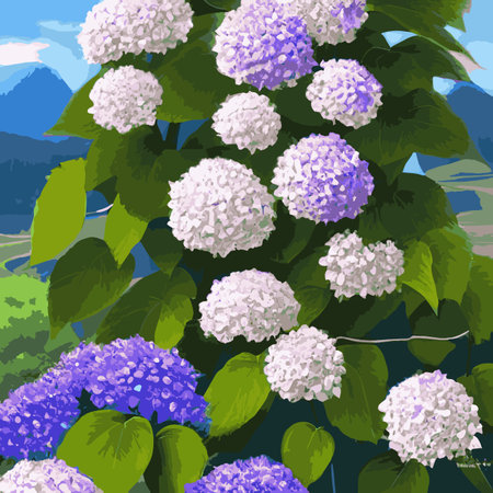 Mountain spring landscape, mountains with snowy peaks lilac flower bushes, Cartoon flat springlnature, green grassland meadow with flowers, forests, vector illustrationのイラスト素材