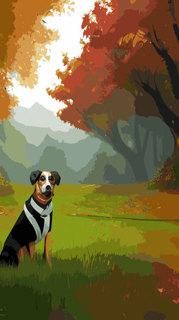 walking Dog in Autumn. Autumn is here, outdoor activity concept. Float vector illustration.のイラスト素材