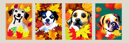 walking Dog in Autumn. Autumn is here, outdoor activity concept. Float vector illustration.の写真素材