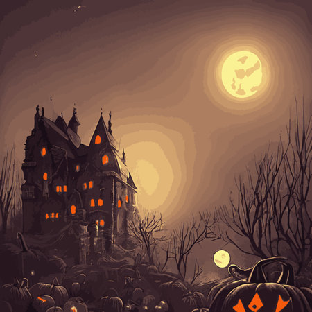 Halloween spooky graveyard flat vector background. Scary haunted house at night cartoon illustration. Horror moon, pumpkins and tombstones creepy backdrop.のイラスト素材
