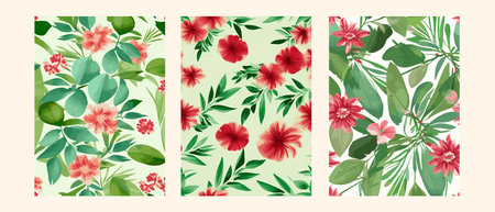 Floral hand drawn background. Botanical line art wallpaper with flowers, branches and eucalyptus leaves. Design in red and green shades watercolor texture for banner, prints, wall art and home decor.のイラスト素材