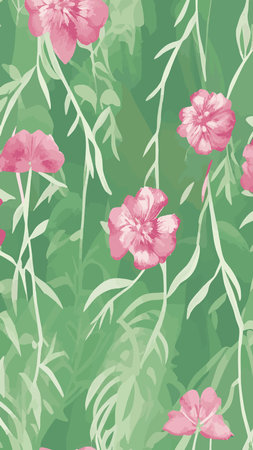 Floral hand drawn background. Botanical line art wallpaper with flowers, branches and eucalyptus leaves. Design in red and green shades watercolor texture for banner, prints, wall art and home decor.のイラスト素材