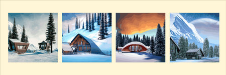 Winter landscape with hills in the snow, fir trees and the sky. Panoramic snow-covered natural scene. Landscape with mountains, rivers in cold frosty weather.House in the snow.の写真素材