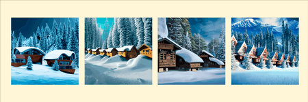 Winter landscape with hills in the snow, fir trees and the sky. Panoramic snow-covered natural...